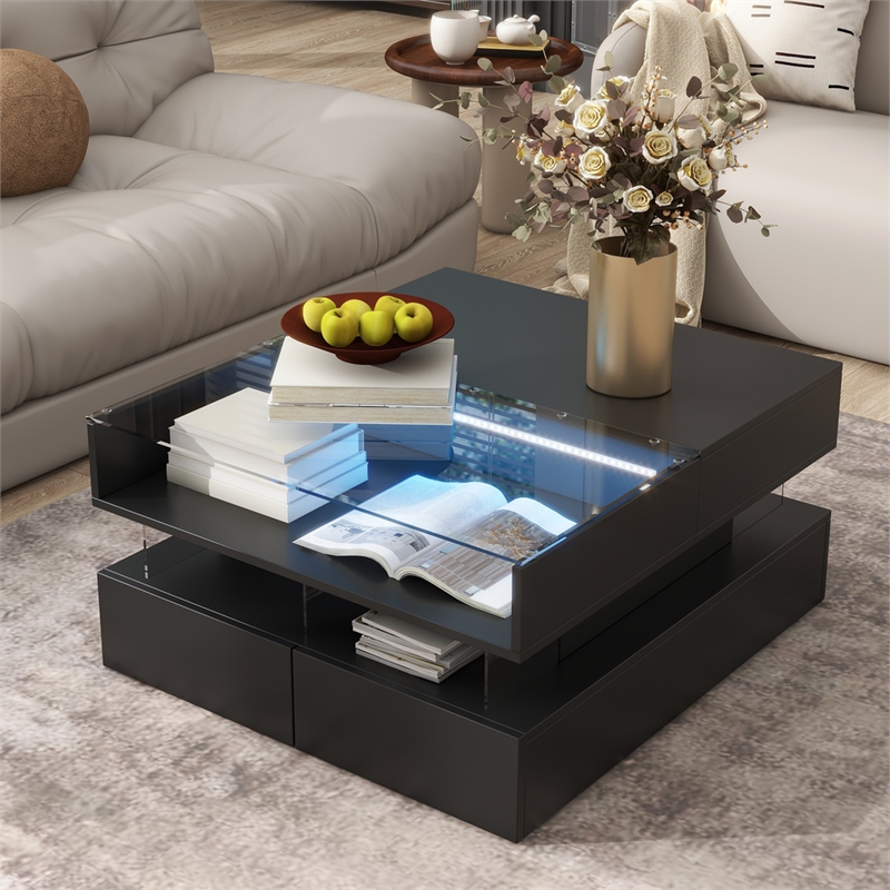 Modern Black MDF Lift Top Coffee Table with LED Lights Glass Top Storage Drawers