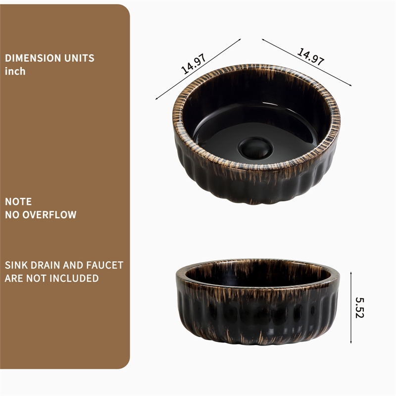 15 Inch Black Ceramic Sink  Modern Above Counter Bathroom Bowl Vanity Basin