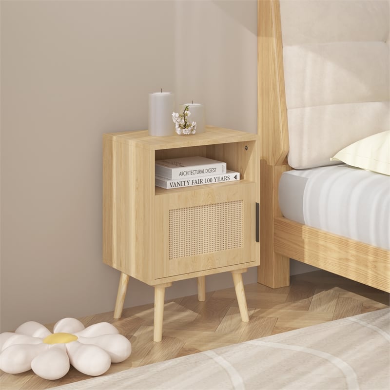 22.83 Beige   Nightstand Side Table with Solid Wood Legs