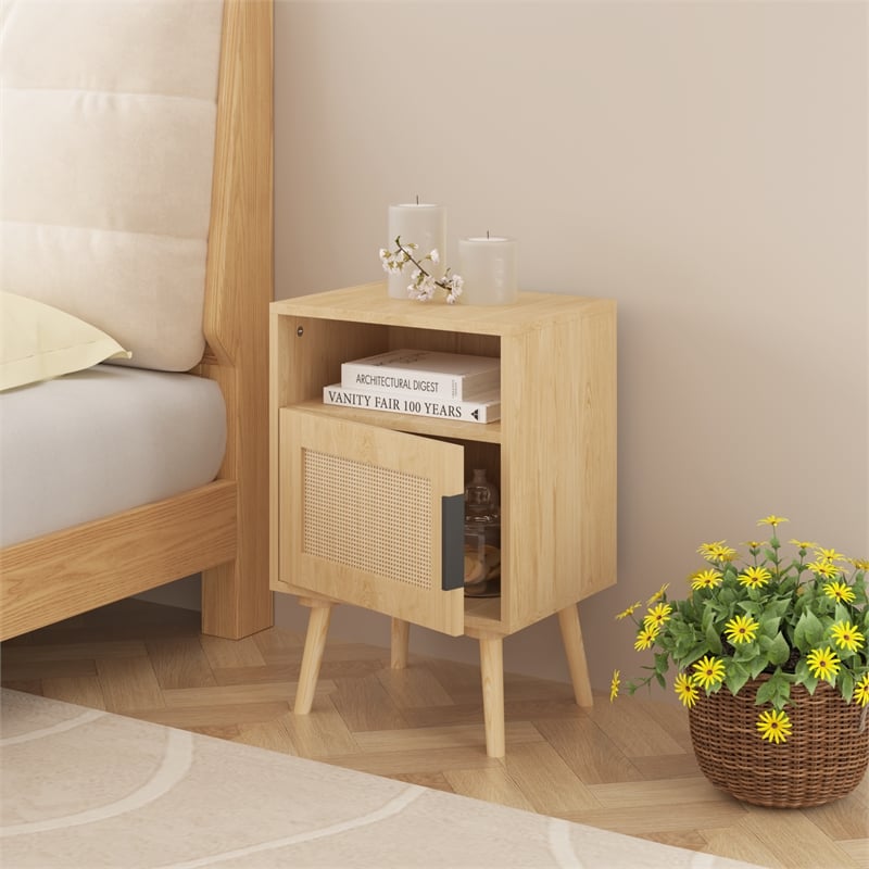 22.83 Beige   Nightstand Side Table with Solid Wood Legs