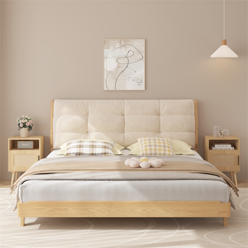 22.83 Beige   Nightstand Side Table with Solid Wood Legs