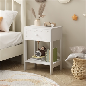White Nightstand with Drawer and Open Shelf Solid Wood Frame End Table