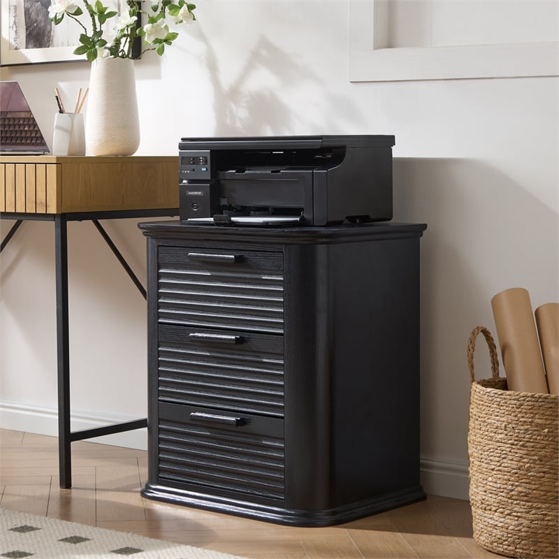 Black Fluted Solid Wood Nightstand with 3 Drawers and Charging Station