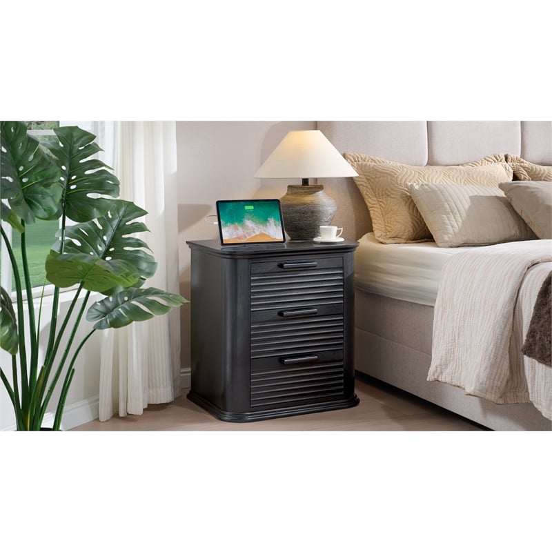 Black Fluted Solid Wood Nightstand with 3 Drawers and Charging Station