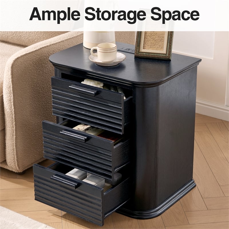 Black Fluted Solid Wood Nightstand with 3 Drawers and Charging Station