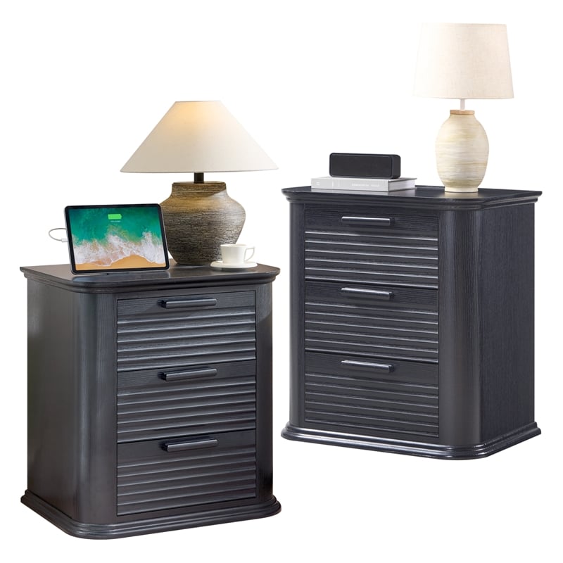 Black Fluted Solid Wood Nightstand with 3 Drawers and Charging Station
