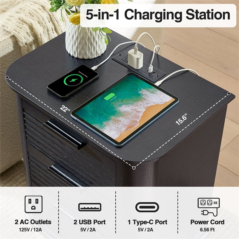 Black Fluted Solid Wood Nightstand with 3 Drawers and Charging Station