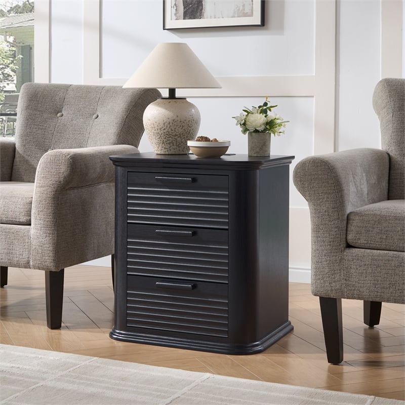 Black Fluted Solid Wood Nightstand with 3 Drawers and Charging Station