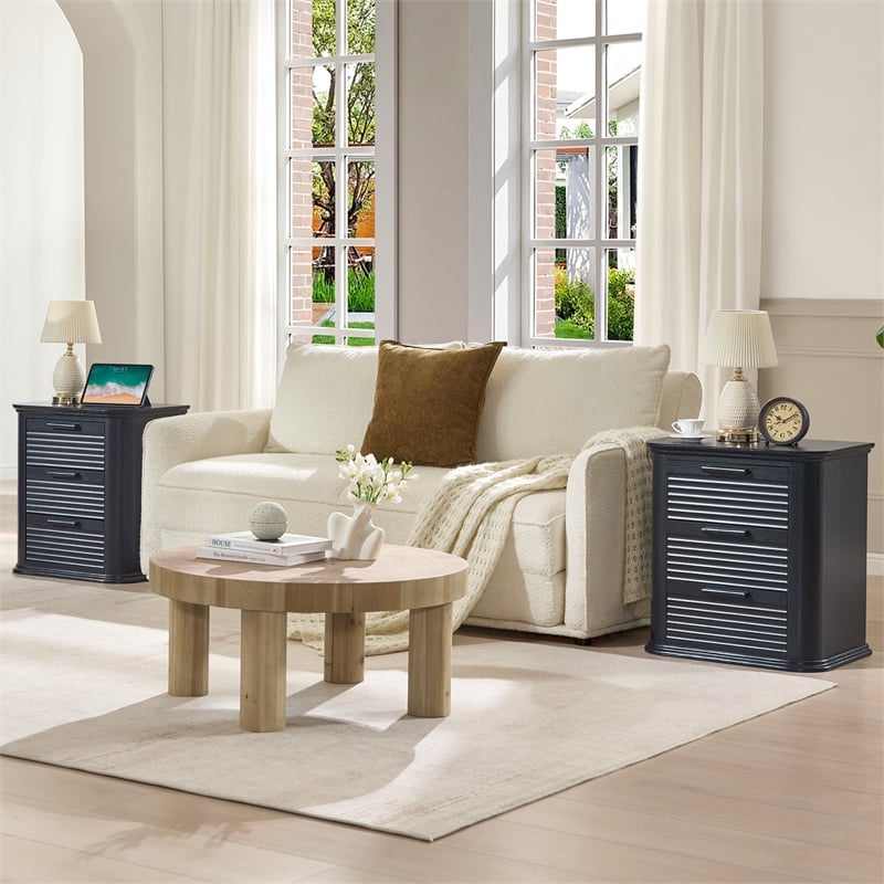 Black Fluted Solid Wood Nightstand with 3 Drawers and Charging Station