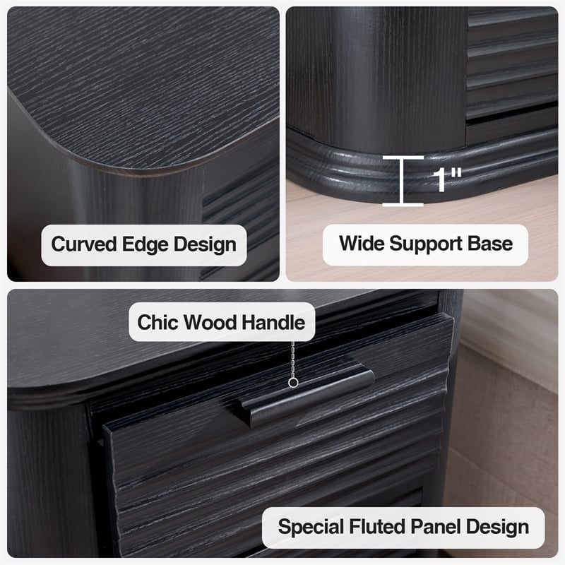 Black Fluted Solid Wood Nightstand with 3 Drawers and Charging Station