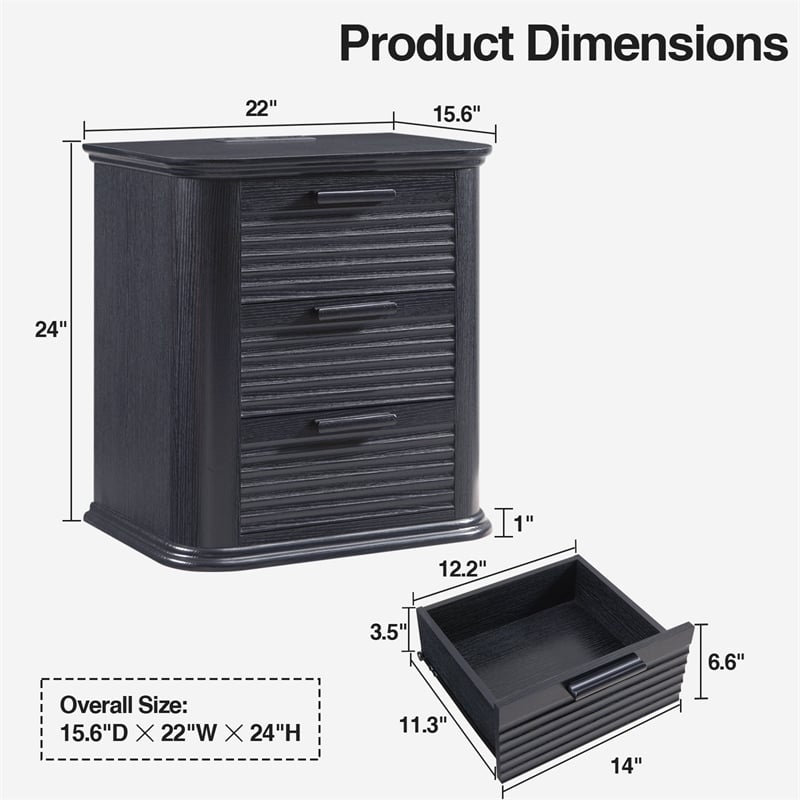 Black Fluted Solid Wood Nightstand with 3 Drawers and Charging Station