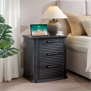 Black Fluted Solid Wood Nightstand with 3 Drawers and Charging Station