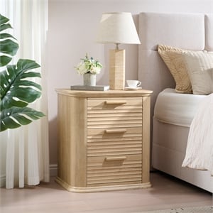 Beige 22 Wide Fluted Solid Wood Nightstand with 3 Drawers