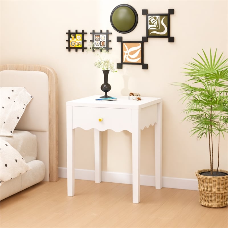 White Solid Wood Nightstand with Drawer and Wavy Apron Design