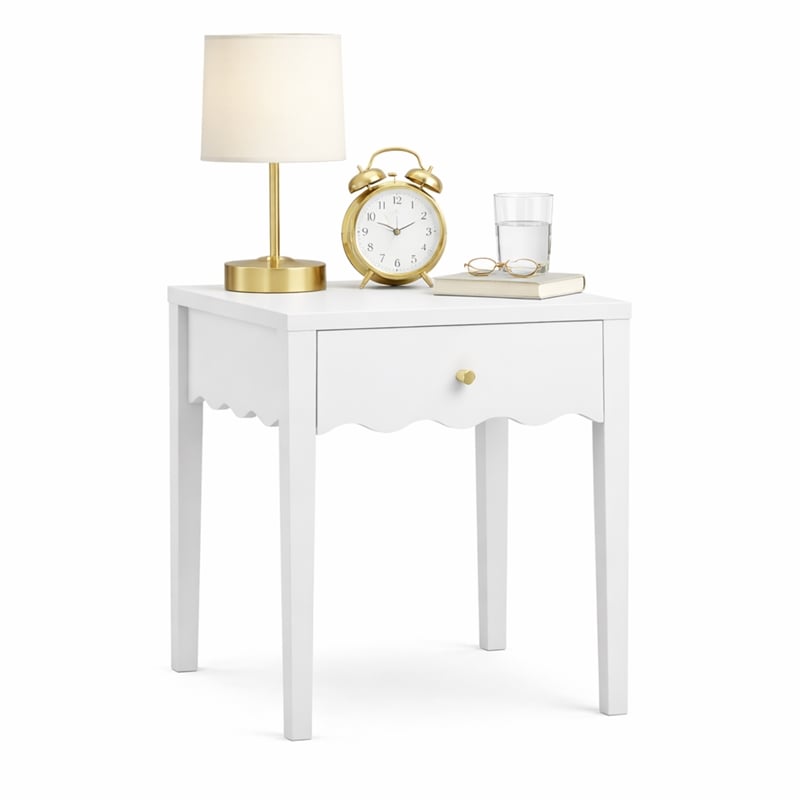 White Solid Wood Nightstand with Drawer and Wavy Apron Design
