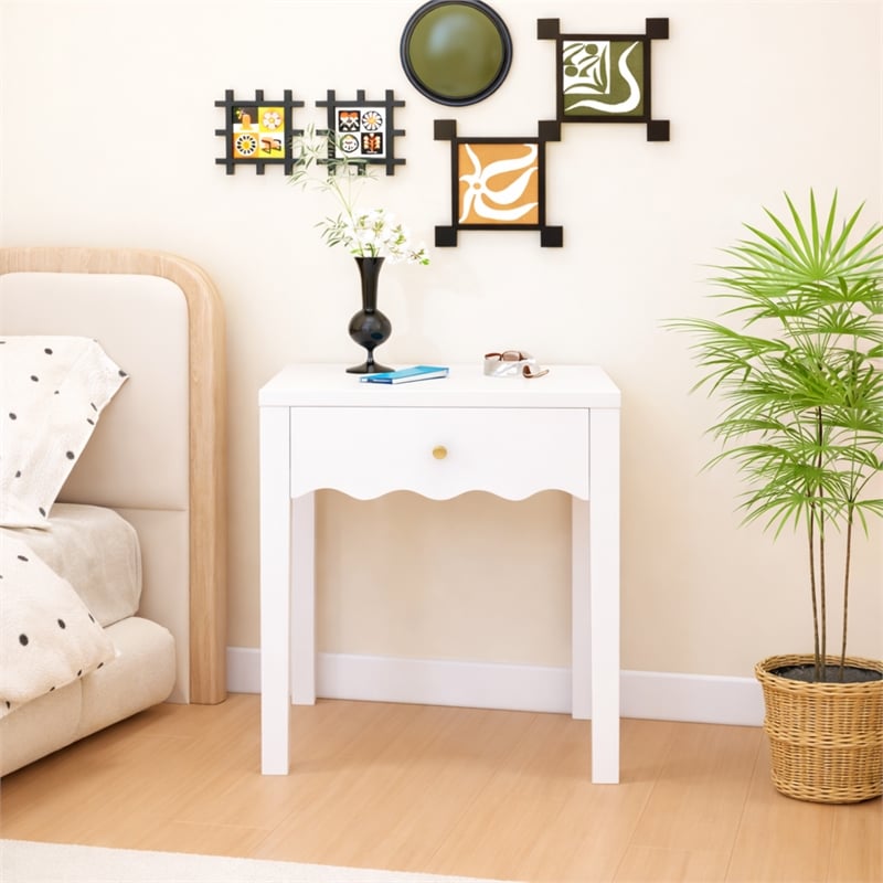 White Solid Wood Nightstand with Drawer and Wavy Apron Design