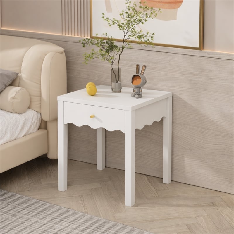 White Solid Wood Nightstand with Drawer and Wavy Apron Design