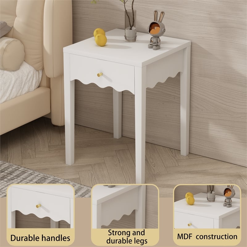 White Solid Wood Nightstand with Drawer and Wavy Apron Design