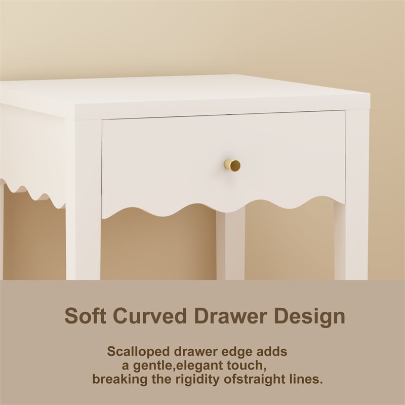 White Solid Wood Nightstand with Drawer and Wavy Apron Design