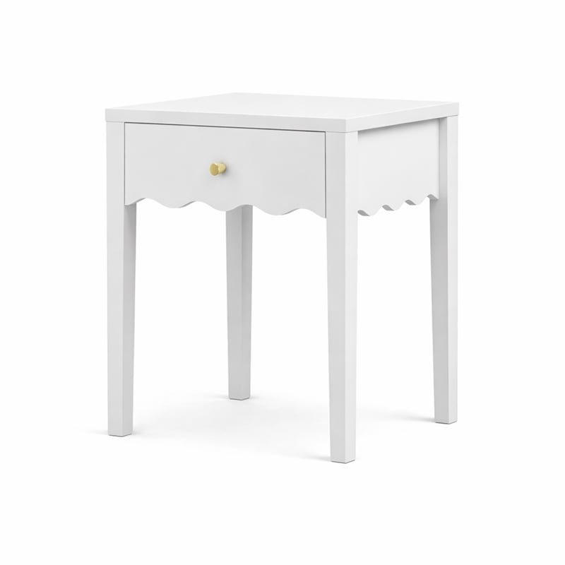 White Solid Wood Nightstand with Drawer and Wavy Apron Design