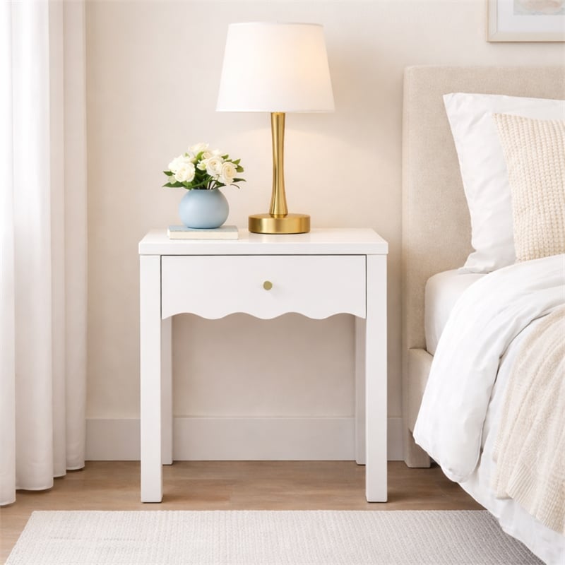 White Solid Wood Nightstand with Drawer and Wavy Apron Design