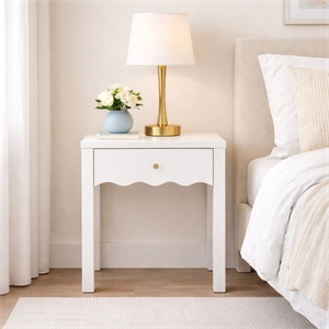 White Solid Wood Nightstand with Drawer and Wavy Apron Design