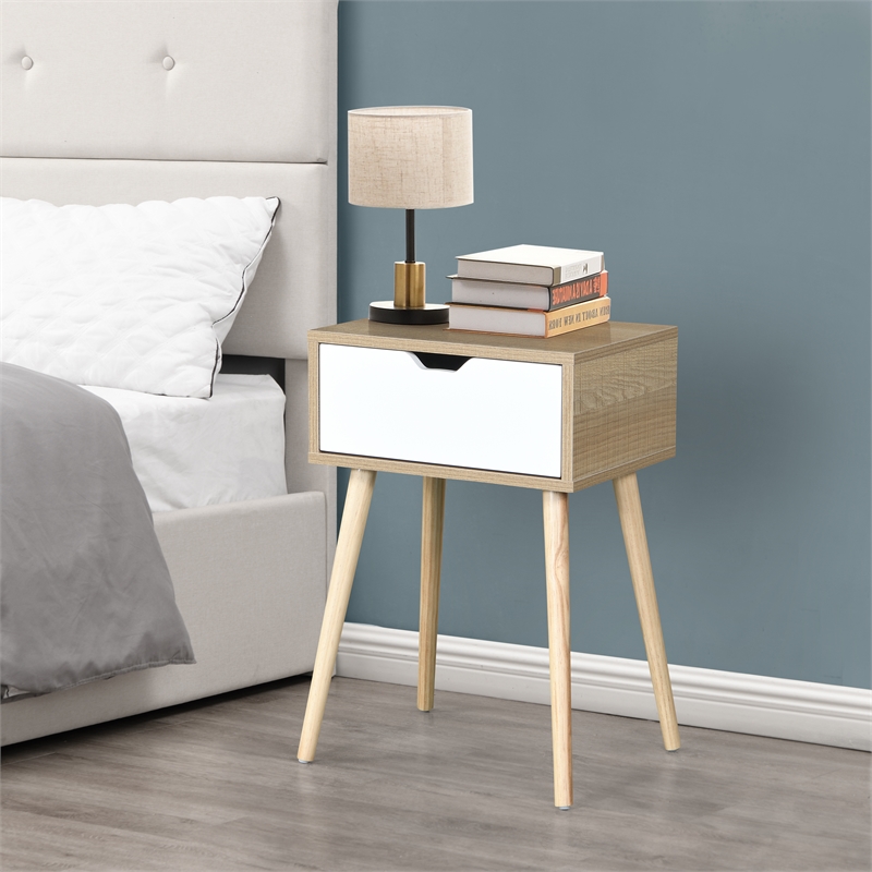 Mid-Century Modern Solid Wood Side Table with 1 Drawer White Storage Cabinet