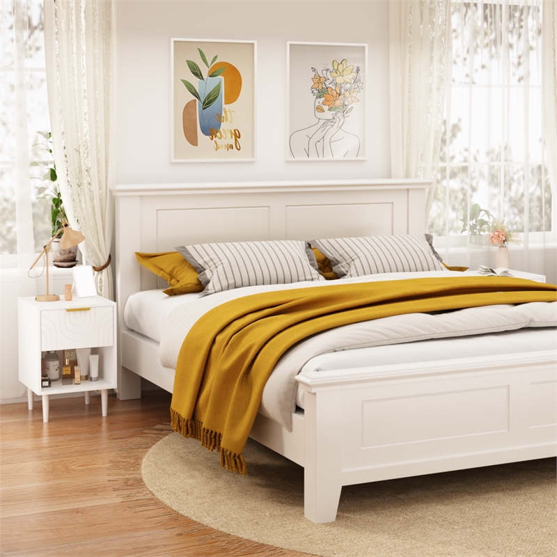 Modern White Solid Wood Nightstand with Gold Handle and Open Shelf