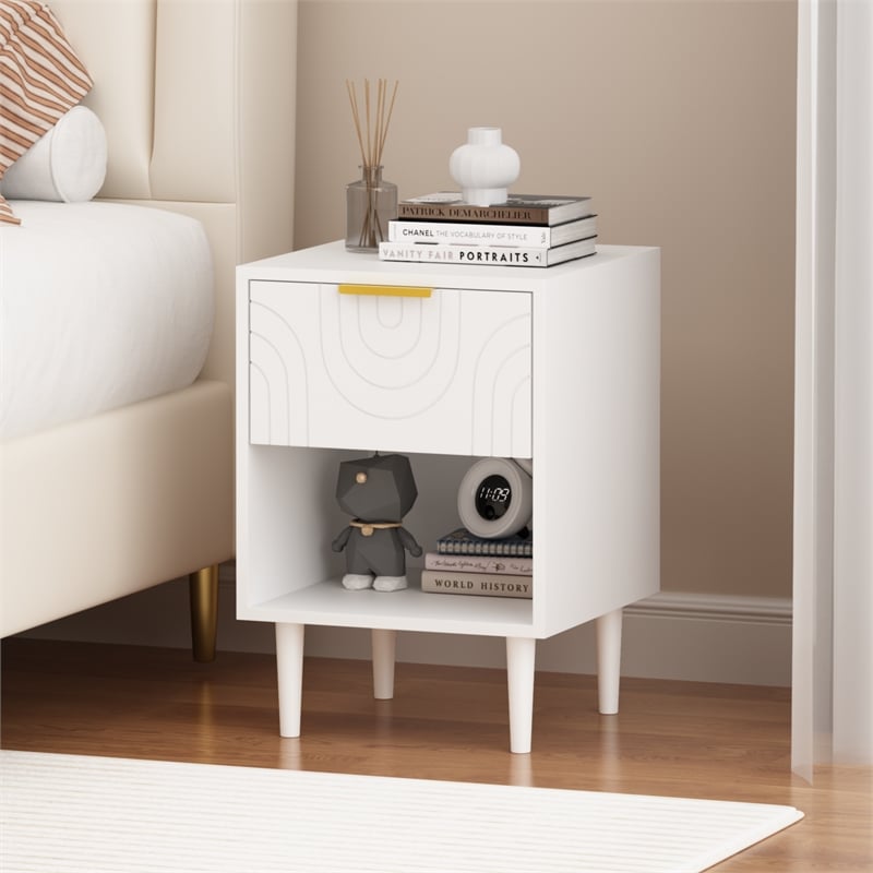 Modern White Solid Wood Nightstand with Gold Handle and Open Shelf