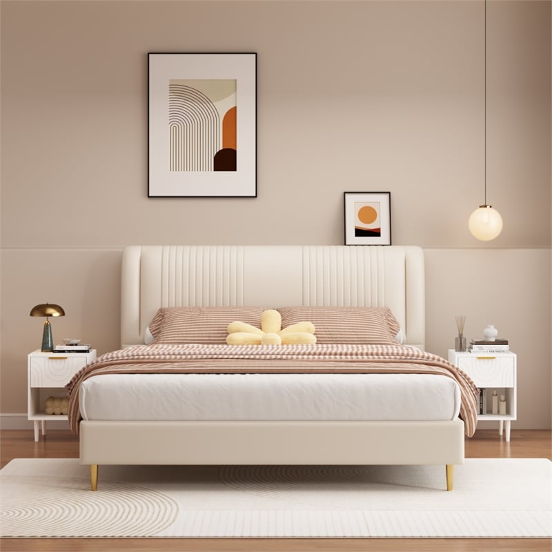 Modern White Solid Wood Nightstand with Gold Handle and Open Shelf