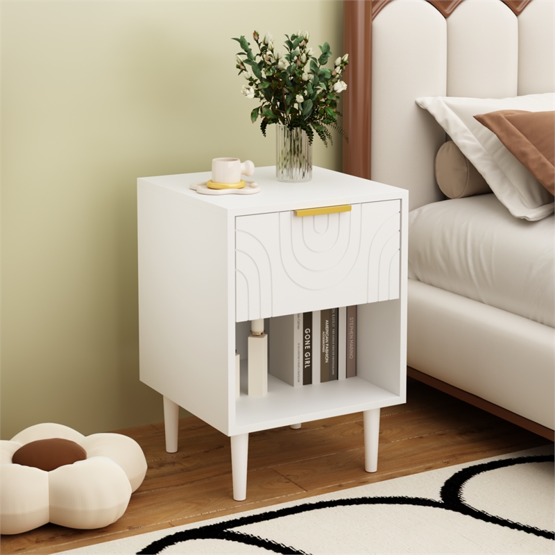 Modern White Solid Wood Nightstand with Gold Handle and Open Shelf