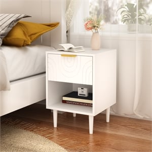 Modern White Solid Wood Nightstand with Gold Handle and Open Shelf