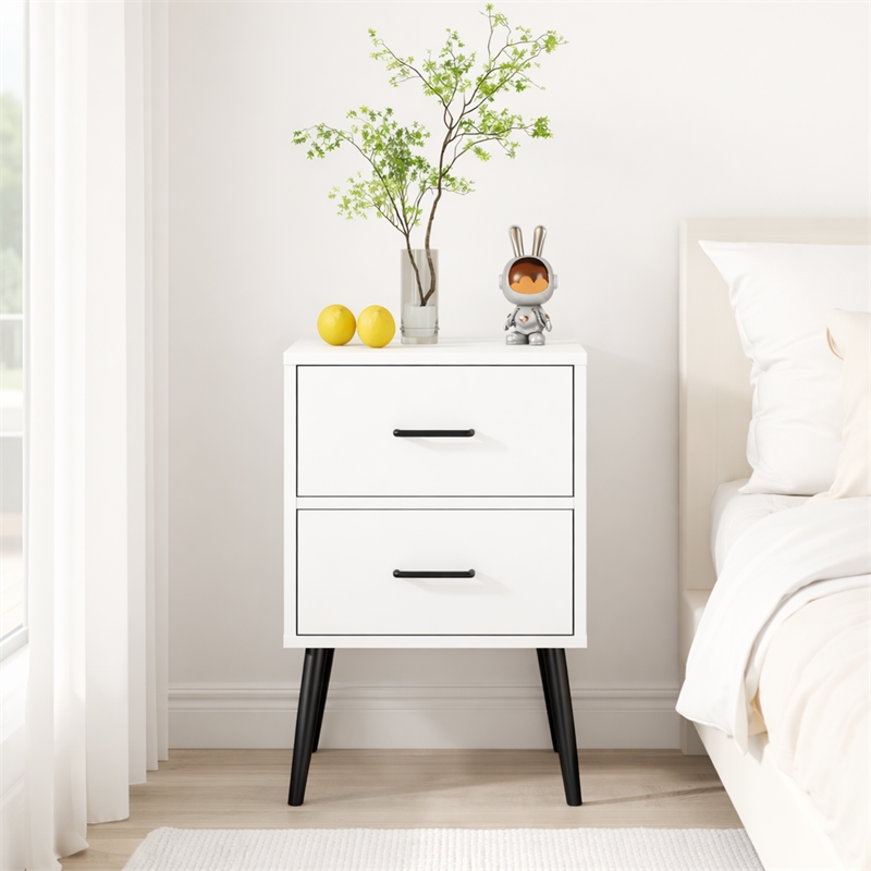 Modern White 2 Drawer Solid Wood Nightstand with Metal Legs