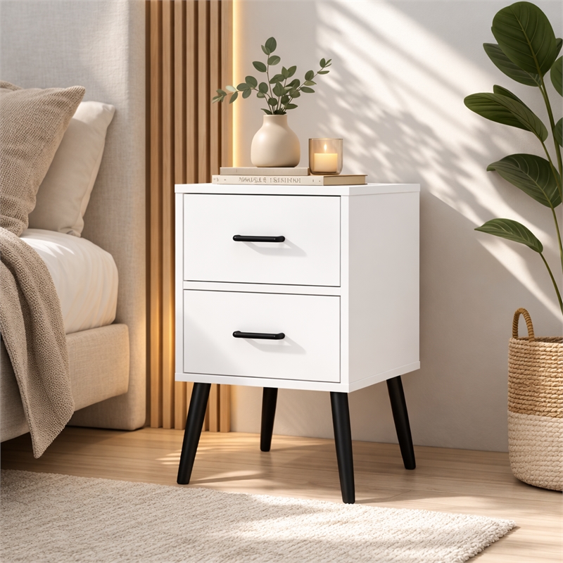 Modern White 2 Drawer Solid Wood Nightstand with Metal Legs