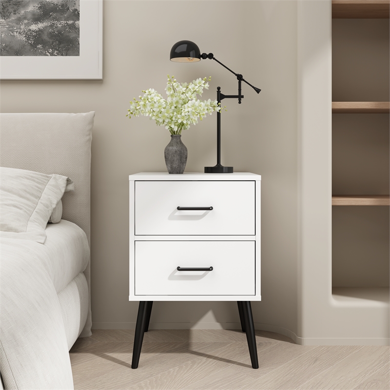 Modern White 2 Drawer Solid Wood Nightstand with Metal Legs