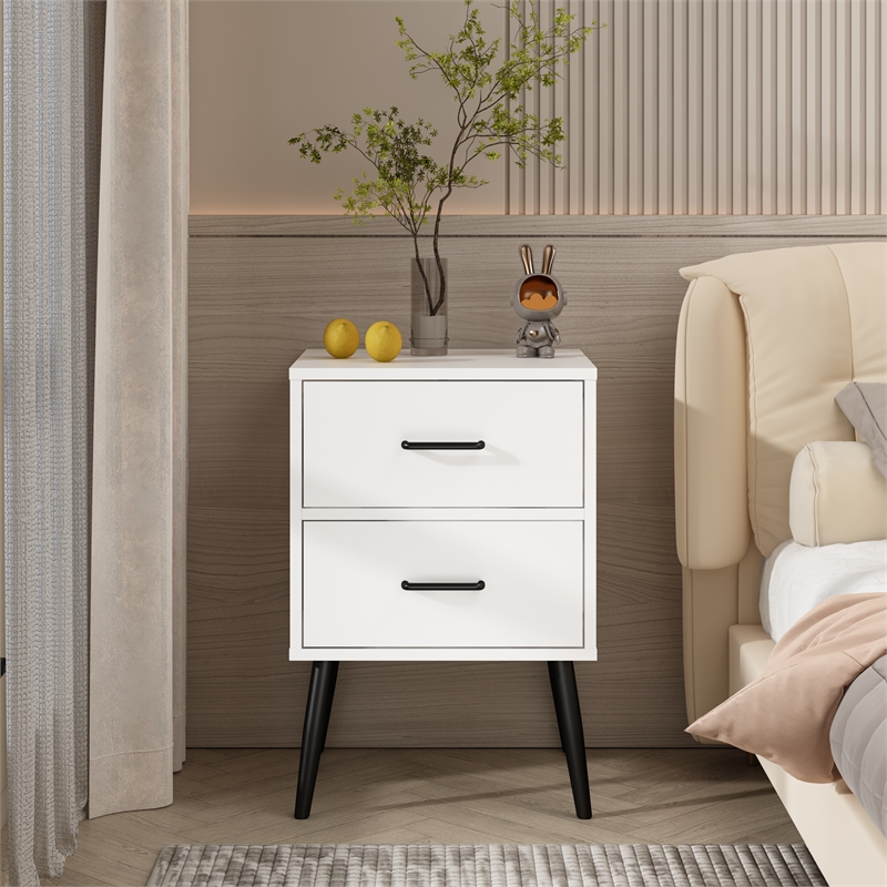 Modern White 2 Drawer Solid Wood Nightstand with Metal Legs