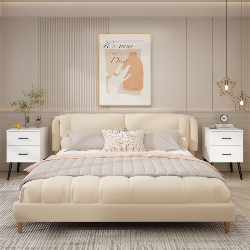 Modern White 2 Drawer Solid Wood Nightstand with Metal Legs