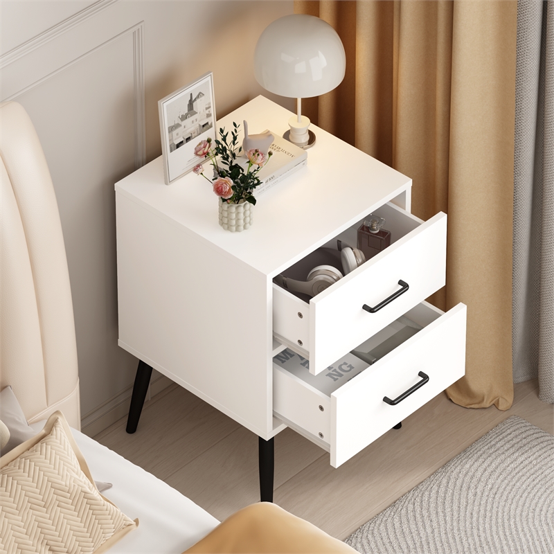 Modern White 2 Drawer Solid Wood Nightstand with Metal Legs