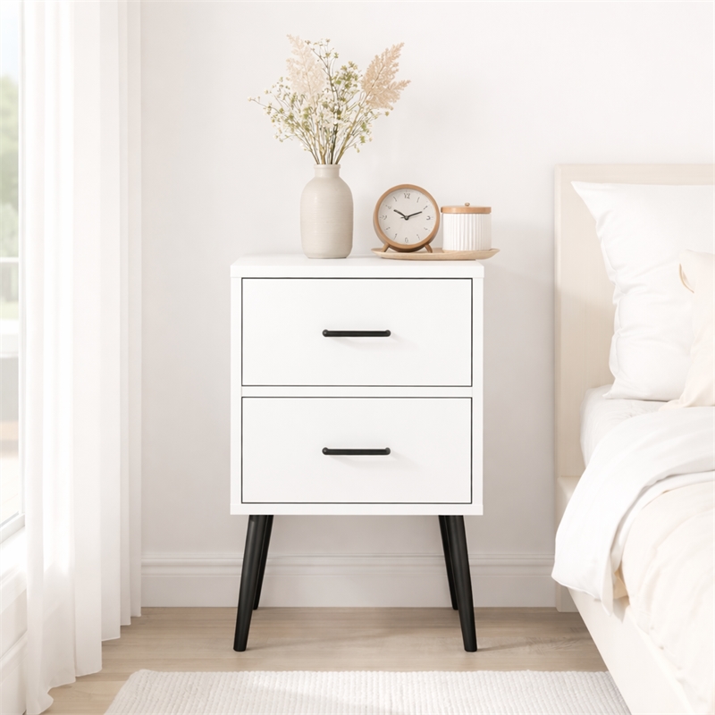 Modern White 2 Drawer Solid Wood Nightstand with Metal Legs