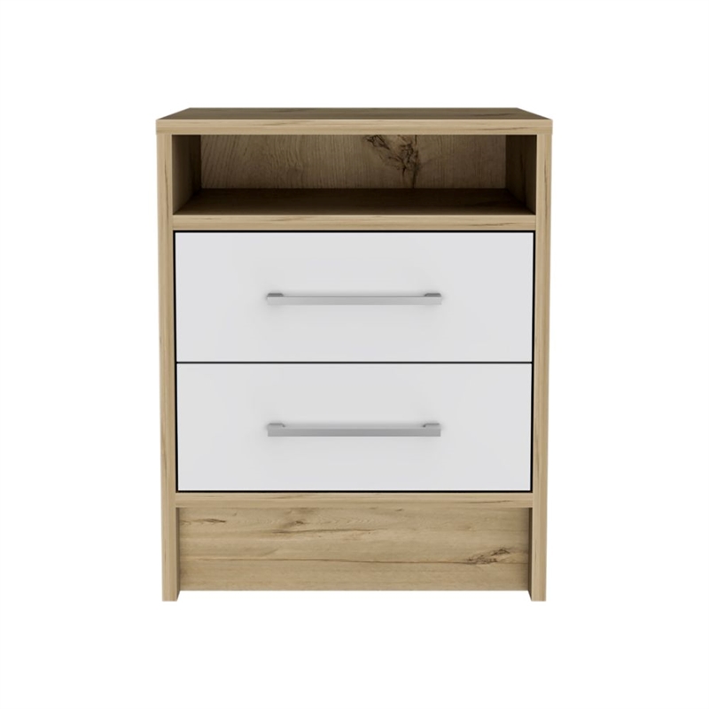 White  Light Oak Solid Wood 2-Drawer Nightstand