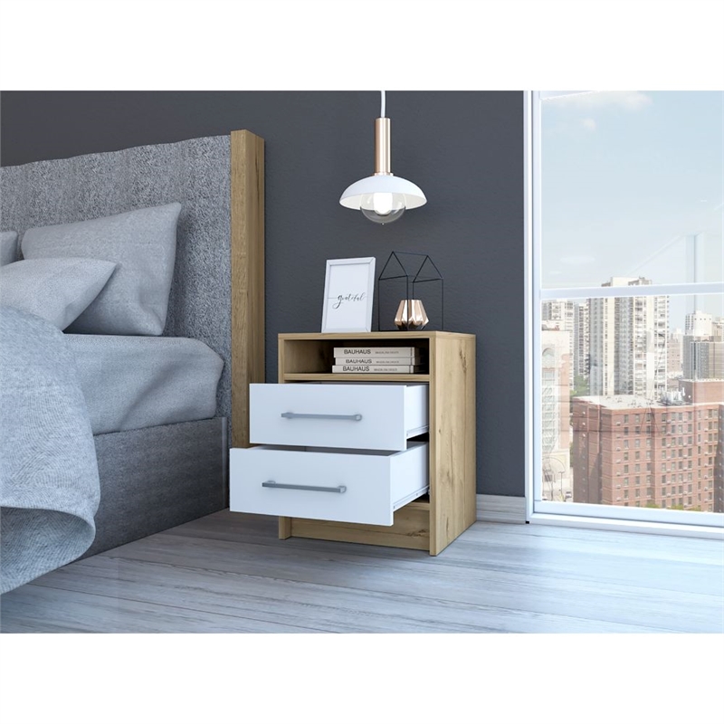 White  Light Oak Solid Wood 2-Drawer Nightstand