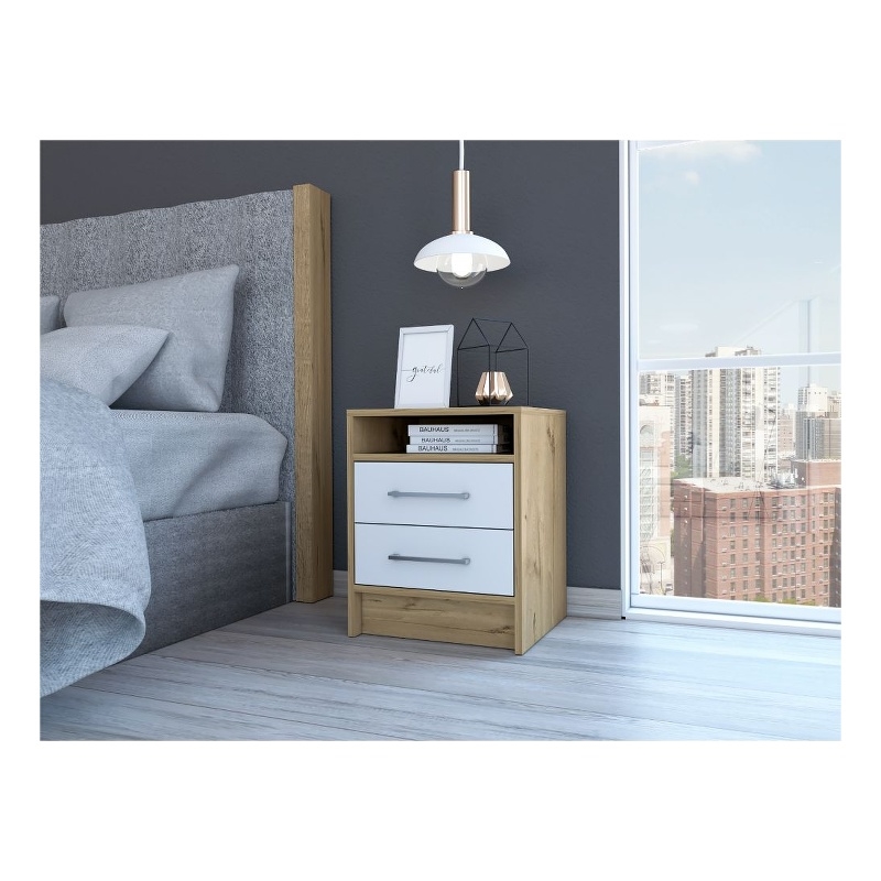 Nightstand Two Drawers White and Light Oak Solid Wood