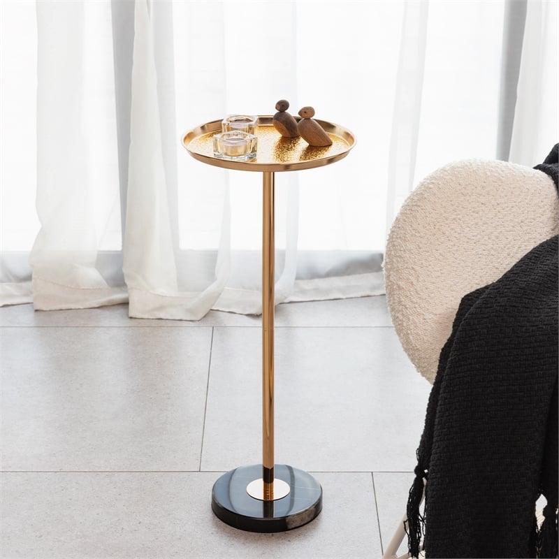 Adjustable Gold Side Table with Natural Marble Pedestal for Display and Storage