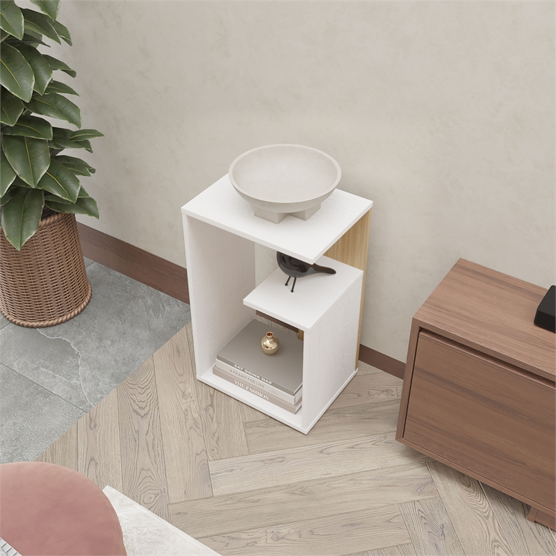 Vega Side Table with Open Storage White and Light Oak  Solid Wood