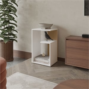 Vega Side Table with Open Storage White and Light Oak  Solid Wood