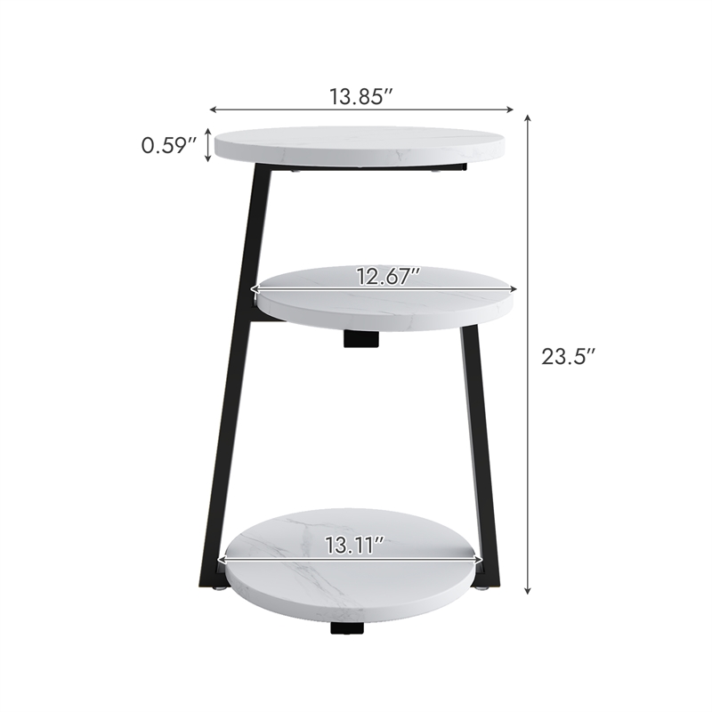 3 Tier Small Round Solid Wood Side Table White Black Metal Frame nightstand