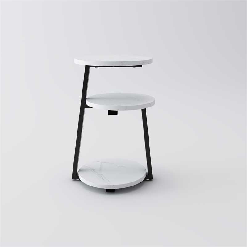 3 Tier Small Round Solid Wood Side Table White Black Metal Frame nightstand