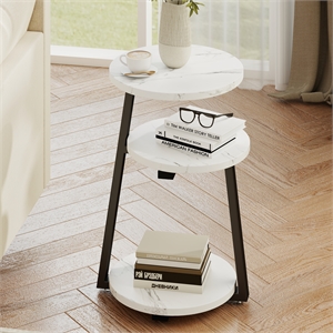3 Tier Small Round Solid Wood Side Table White Black Metal Frame nightstand