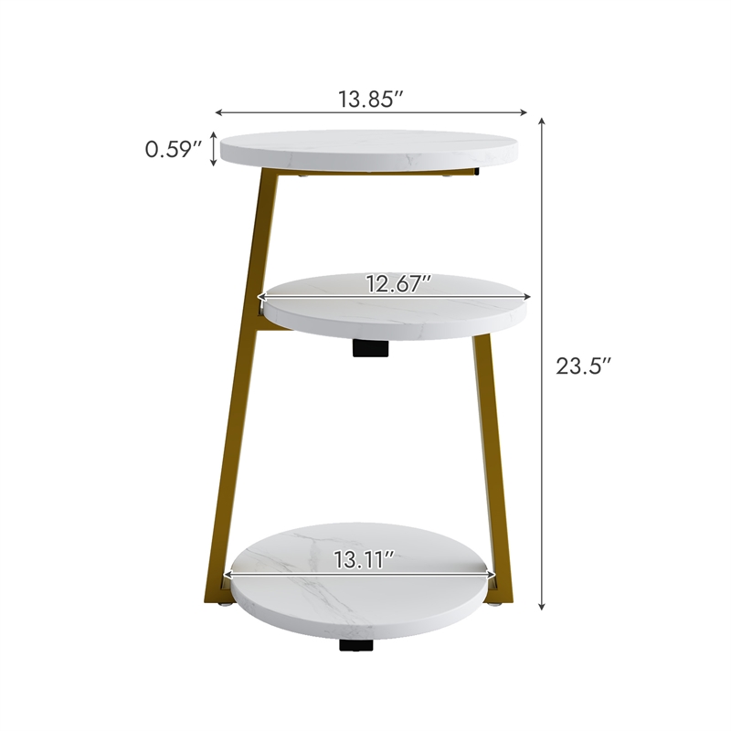 White Gold 3 Tier Round Side Table Solid Wood Nightstand