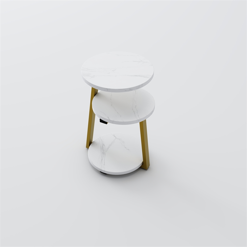 White Gold 3 Tier Round Side Table Solid Wood Nightstand